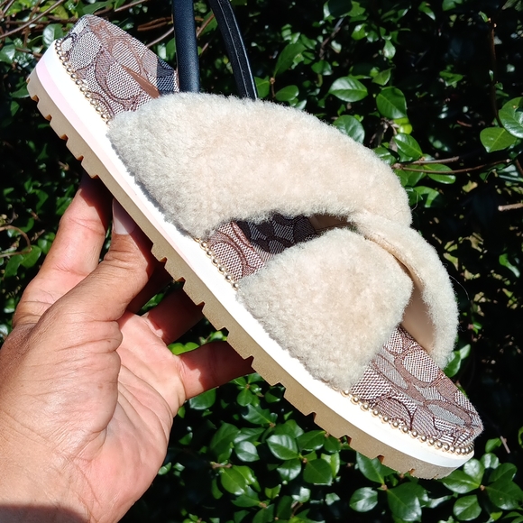 COACH TALLY LADIES SHEARLING PADDED SLINGBACK SANDALS IN SIGNATURE JACQUARD - Picture 7 of 16